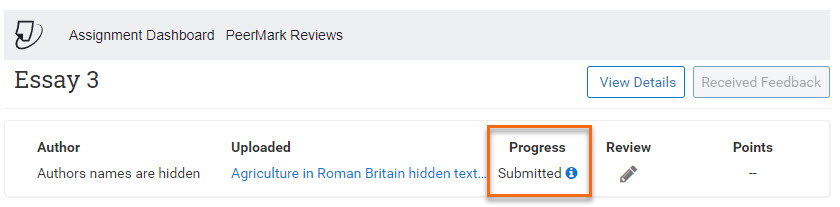 PeerMark tab showing the Review as submitted. 