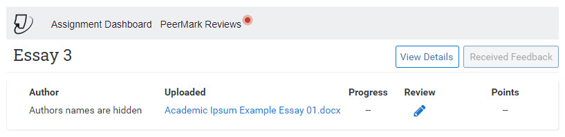 PeerReview Tab showing a review that had been saved but not submitted. Progress column shows a dash. 
