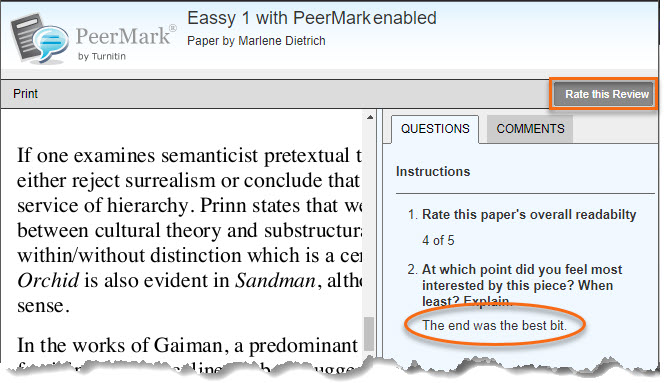 Review window showing a completed review from a peer. The "Rate this Review" button is circled, it is in the top right-hand corner. 