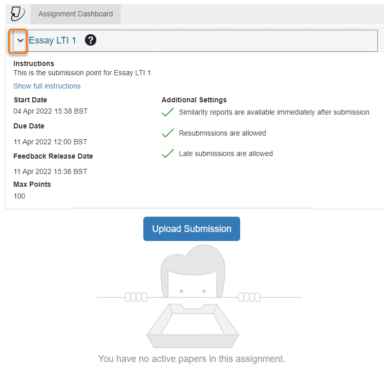 Student view of Turnitin LTI submission point with Information panel open.