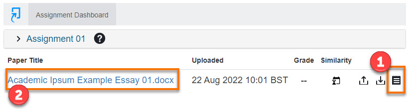 screen shot of submission point showing submitted paper with the receipt download icon numbered 1. The essay title is numbered 2.