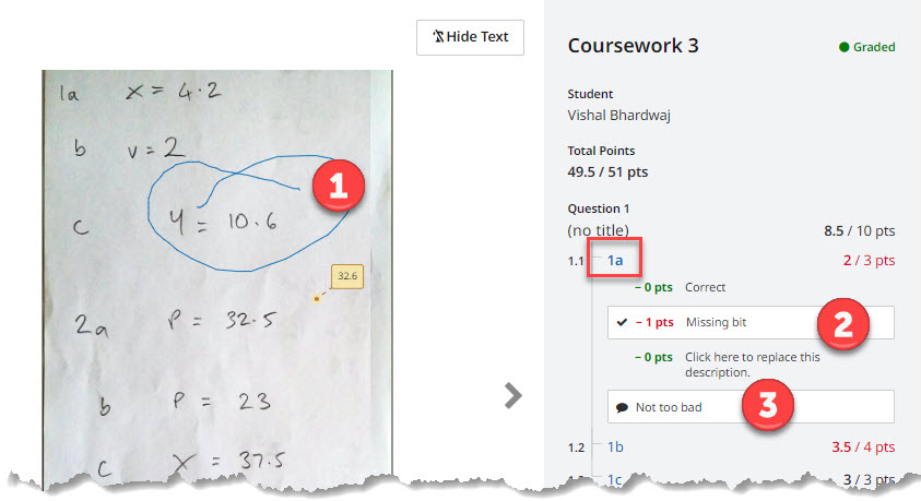 Gradescope Rubric panel with a question open and annotations made on the submitted work.