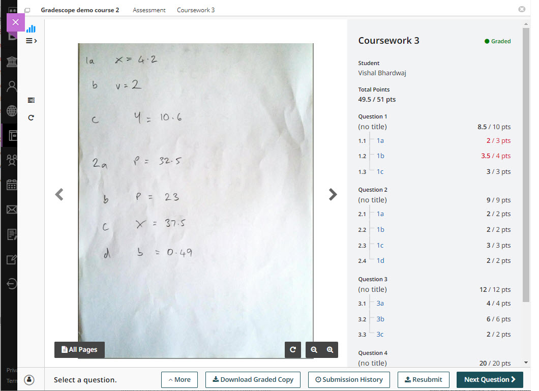 Gradescope Assignment opened on marked screen with rubric panel open on the right-hand side of the screen.