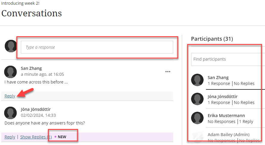 Type response, reply, list of participants and new responses.