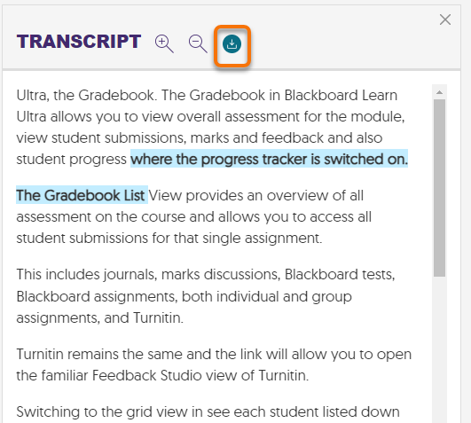 Download text button in the transcript panel.