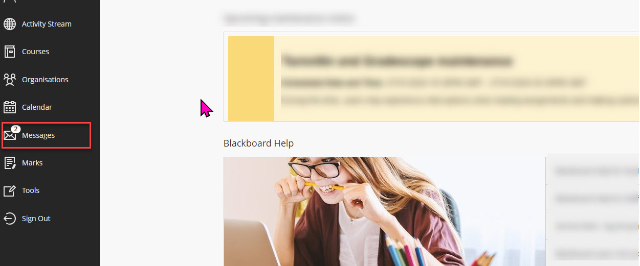 To see messages for all courses select Messages from the Base Navigation.