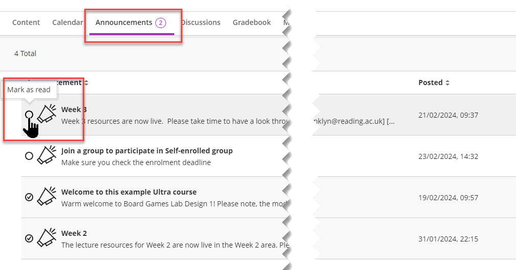 Number of unread announcements, and marking announcements as read.