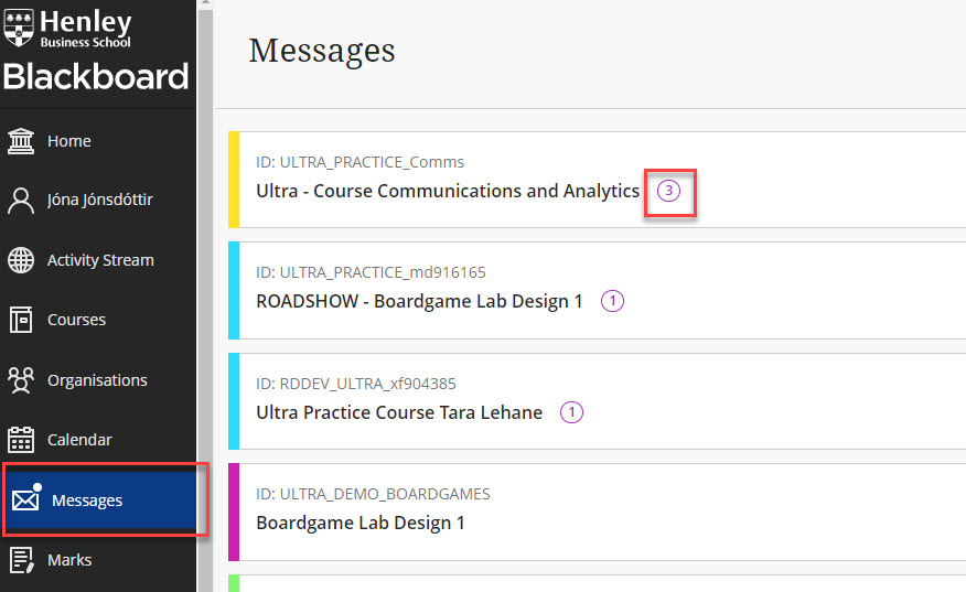 On the messages pace, courses with unread messages appear first, with a number next to the course title, indicating the number of unread messages.