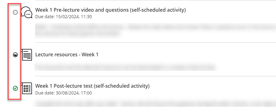 Progress Tracking icons: empty and partially filled circles, and green checkmark.