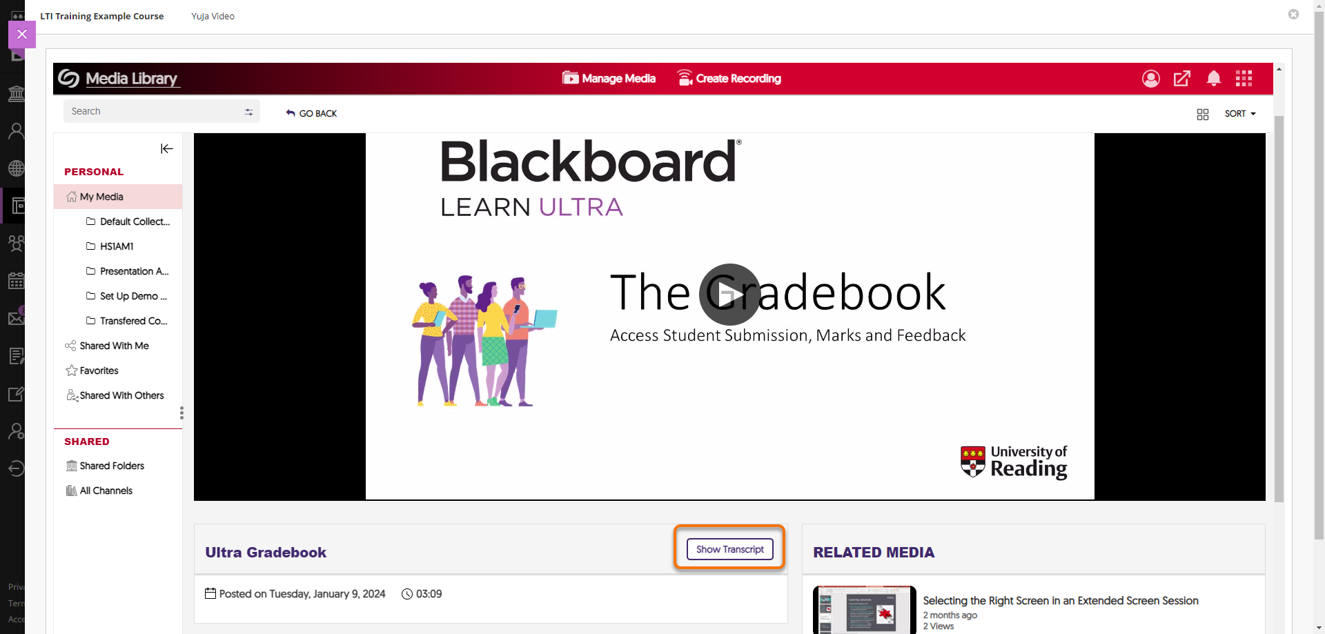 Show Transcript button highlighted in the Media player.