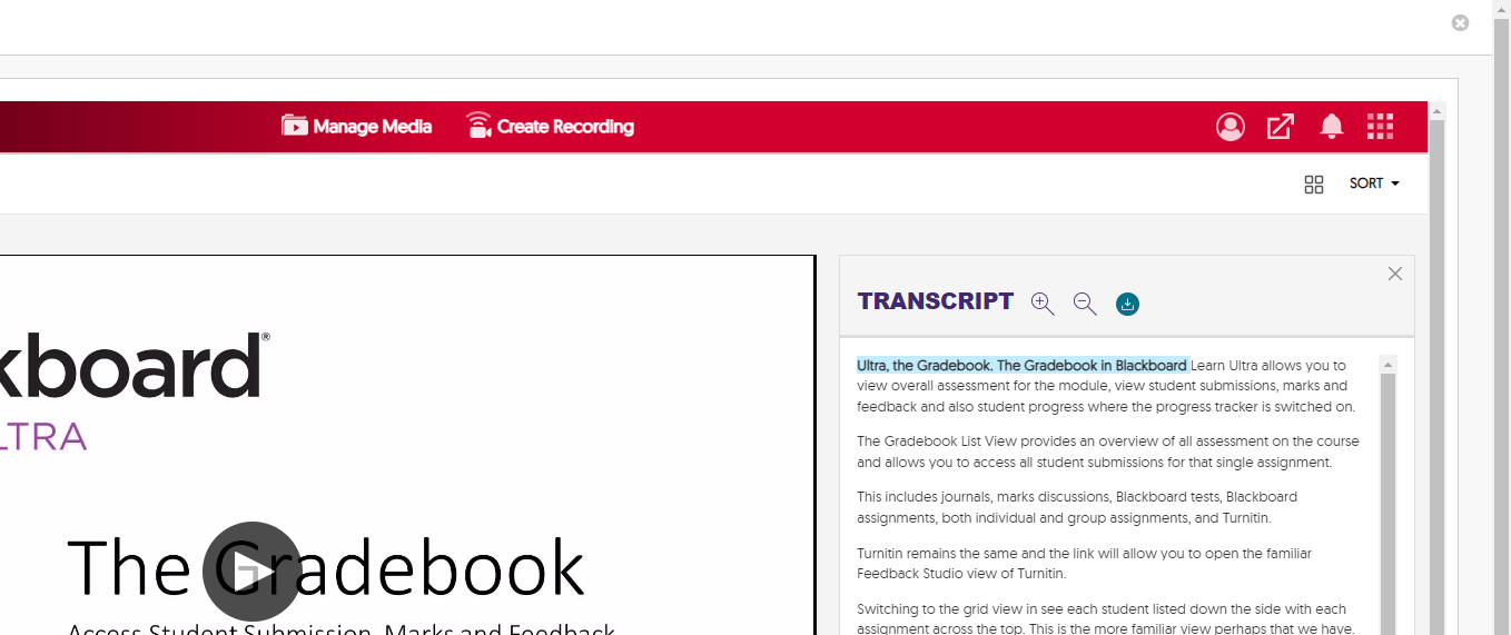 Transcript side bar open in the media player.