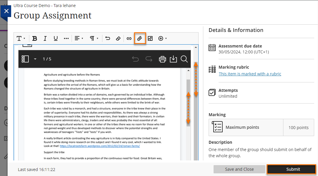 Showing an attached file in a submission point. Attach button, Scrolling bars and Submit button highlighted. 