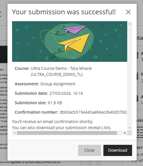 Successful submission pop up message 
