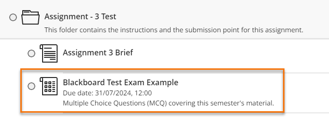 Example of a Blackboard test in an assignment folder.