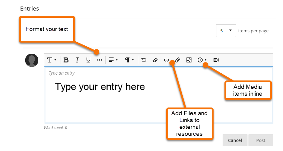 Journal entry text edit options. Formating menu highlighted, Add Media items upload links and files.