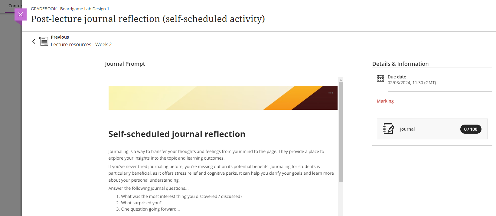 The journal instructions when open in Blackboard.
