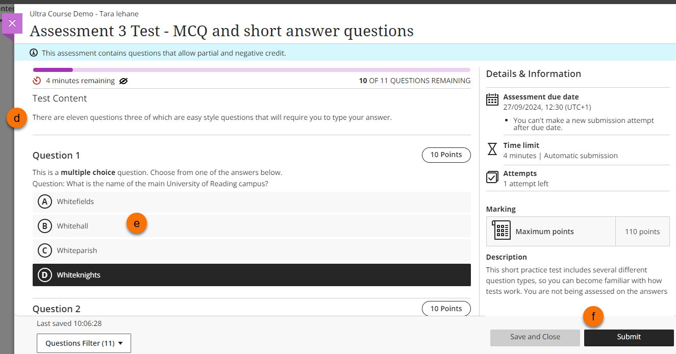 Screenshot of started test. d - Instructions, e- questions, f- submit button are all labelled 