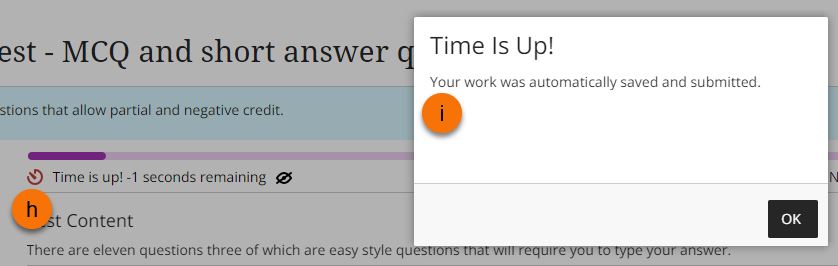 screenshot of Test with Timer display and pop-up Time is up showing. Text in pop-up says "your work was automatically saved and submitted". 