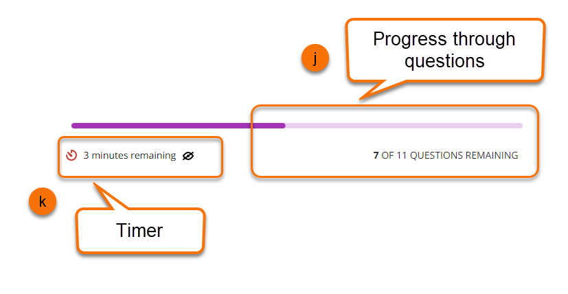 screenshot of top menu during a Test. Purple progress bar tracks questions saved.  Timer counts time remaining. 