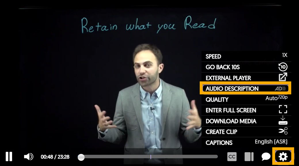Video settings cog menu with Audio Description option highlighted.