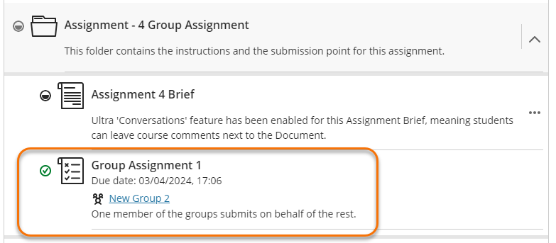 screenshot of course content with assignment folder open and assignment submission point highlighted.
