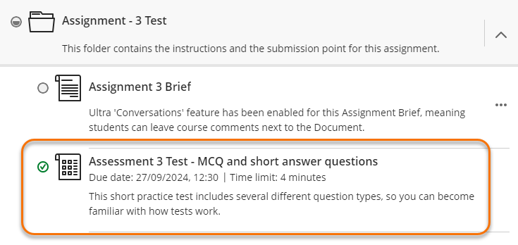 Screenshot of a Blackboard Test on the Course Content area.