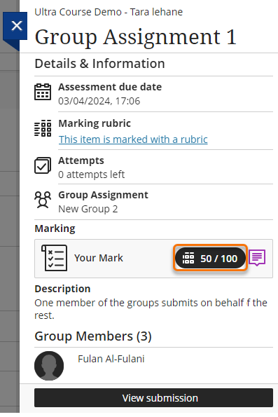 Screenshot of assignment panel after marking with the marks circled to highlight where they are.