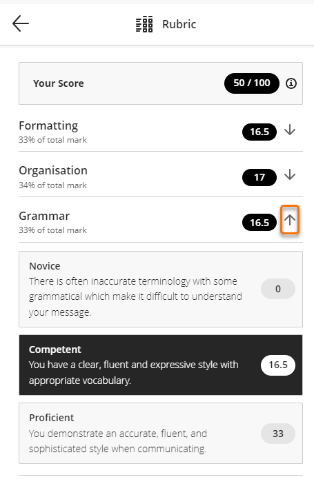 screenshot of completed marking rubric with one criterion open show the descriptions and which point in the scale the student has reached. 