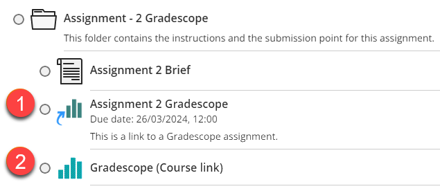 Gradescope assignment submission point in an Ultra course and a Gradescope link in an Ultra course. Point 1 and 2 in article.