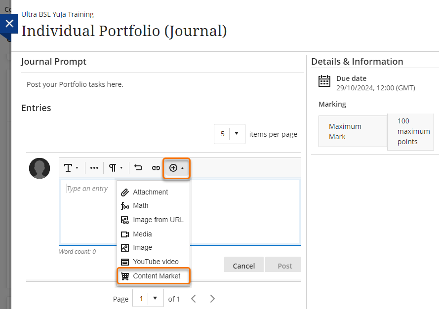 screenshot of Journal text editor with add content menu opened and Content Market circled. 