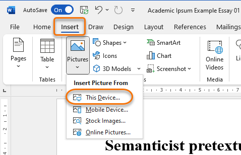 Screenshot of Word document with Insert picture menu open. 