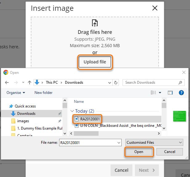 Insert image - pop up window with the Upload file button highlighted. 