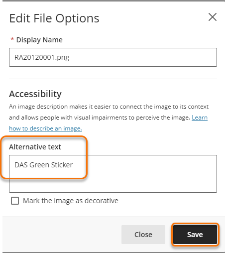 screenshot of the Edit File options window with the Alternative Text filed hightlighted. 