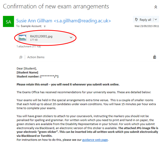Screenshot of Exams emails with green sticker image attached. 
