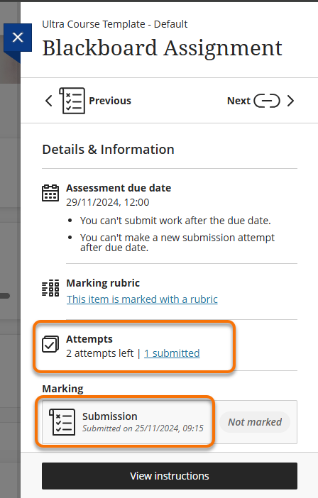 Where to access the submission showing Attempts and Marking access points.