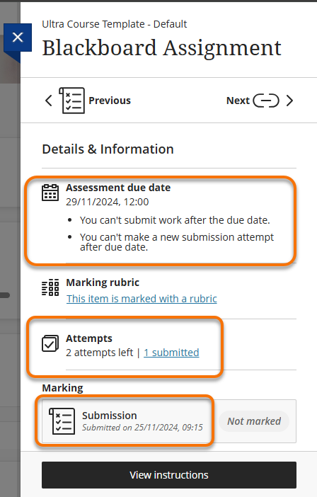 Showing the various points of Submission date including due dates, attempts left and Submission access.