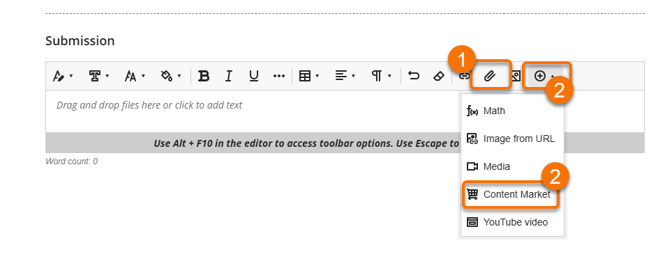 Showing the submissions window and location of steps one and two of to add files and videos