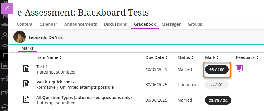Screenshot of a Blackboard Test in the Gradebook with the marks highlighted.
