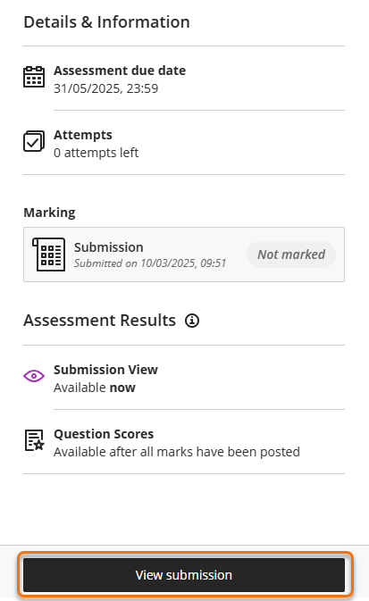 Screenshot of a Blackboard Test panel with no more attempts allowed. The black button at the bottom of the panel now state "View Submission".