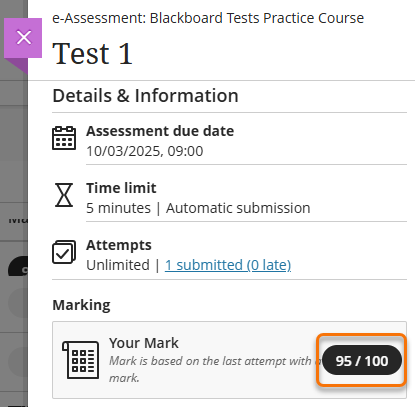 Screenshot of a Blackboard Test panel with the marks highlighted.