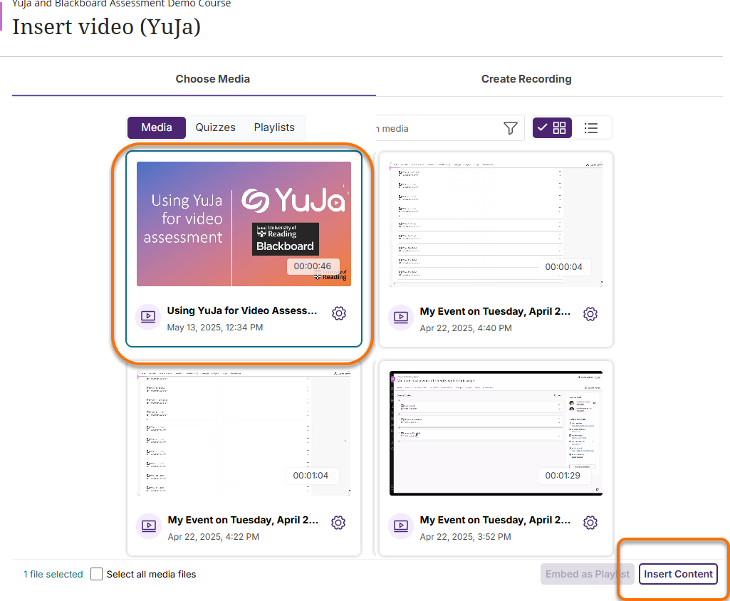 YuJa media choosergrid display of videos. Selecting a video and Insert Content Button highlighted.