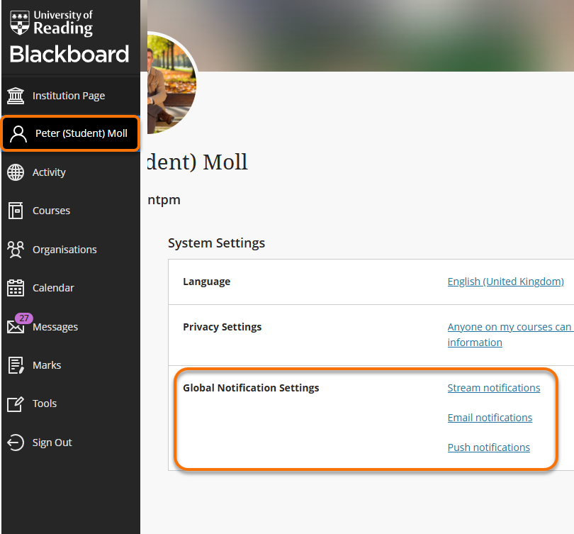 Global notifications menu access in personal page