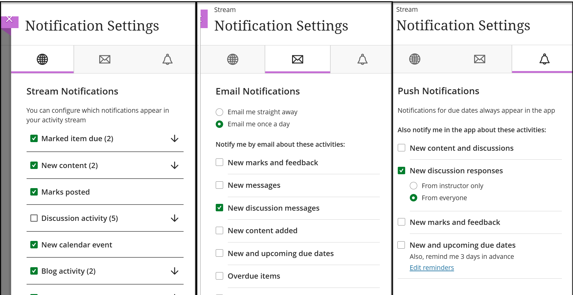 A composite picture of the notification settings for each option