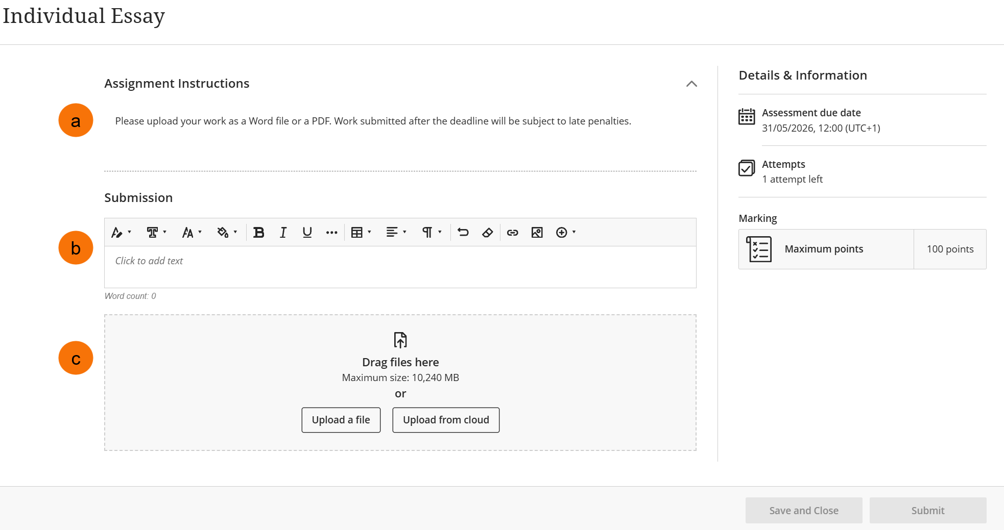 Screenshot showing the submission screen