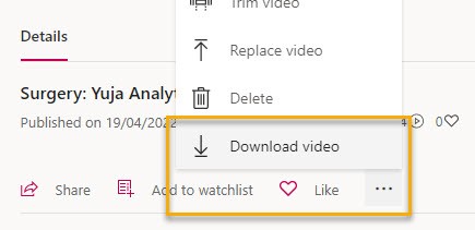 Screenshot showing a highlighted download button in Microsoft Stream
