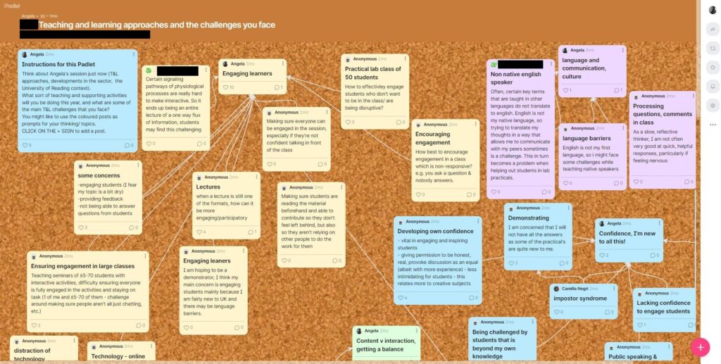 Screenshot of Padlet wall showing a range of comments on different topics, grouped and colour-coded by topic.
