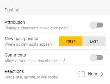 Screenshot of Padlet posting settings showing where to change anonymity and commenting settings.