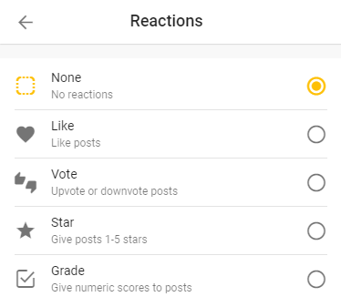 Screenshot of Padlet reactions options, allowing users to react to posts in a variety of ways.