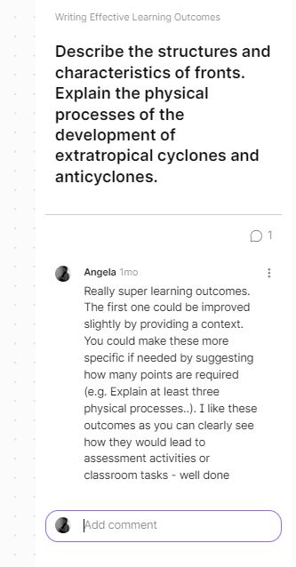 Screenshot of Padlet message with an instructor's comments underneath.