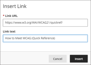 A screenshot of insert link Dialog. A space is provided to add Link text.